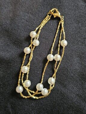 Vintage Gold Tone Three-strand Faux Pearl Bracelet